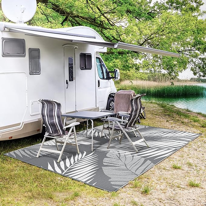 GENIMO Outdoor Rug 8' x 10' Waterproof for Patios Clearance, Reversible Plastic Straw Camping Rug Carpet, Large Area Rugs Mats for RV, Picnic, Backyard, Deck, Balcony, Porch, Beach, Grey&White