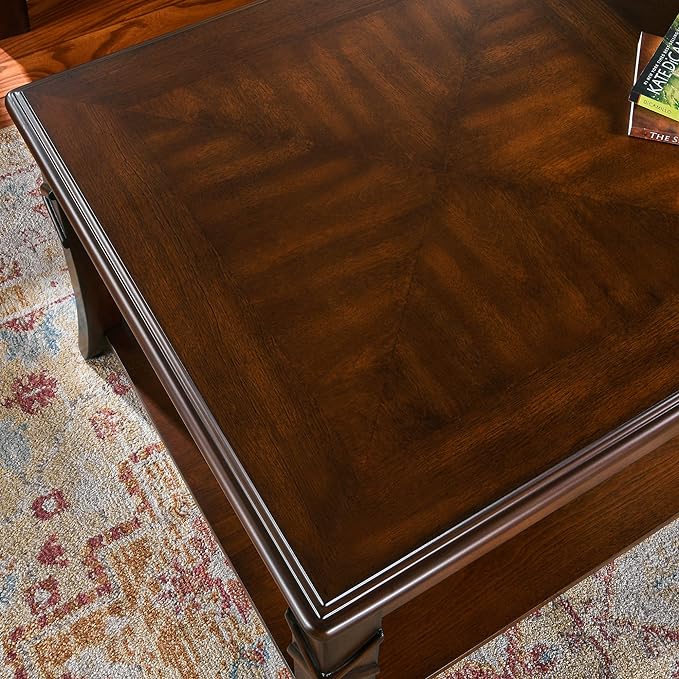 Solid Wood Coffee Table with Storage Shelf, Mid-Century Living Room Tables with Carved Tabletop and Leg, 43.3” Splicing Cocktail Center Sofa Table, Cherry Brown KFZ-DR200