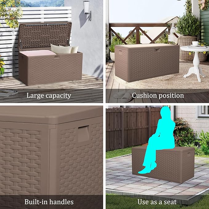 73 Gallon Pro Waterproof Outdoor Storage Pro Resin Deck Box Bin for Patio, Poolside, and Garden, Lockable & UV-Resistant, Ideal for Small Spaces, Brown