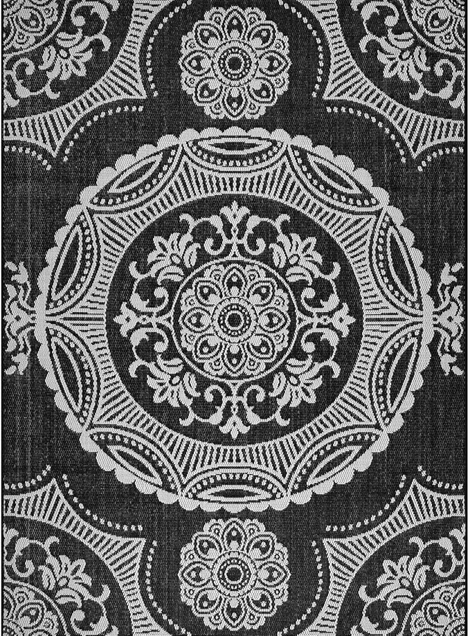 Medallion Outdoor Rug 9x12 Washable Outside Carpet for Indoor Patio Porch Waterproof Easy Cleaning Non Shedding Area Rugs Black 9 x 12