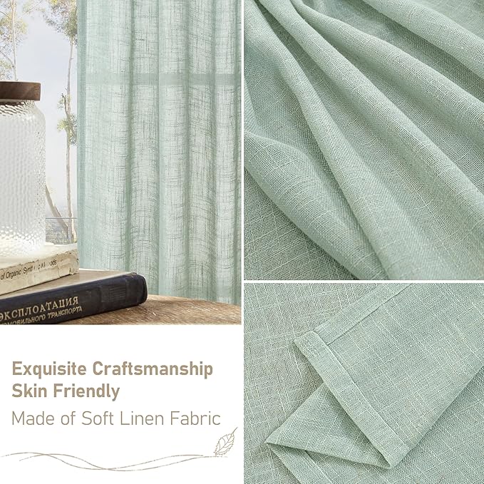 LAMIT 72 Inch Linen Sheer Curtains for Bedroom, Linen Textured Light Filtering Drapes Bronze Grommet Boho Neutral Panels for Farmhouse/Living Room, 2 Panels, 52 x 72 Inch, Light Sage