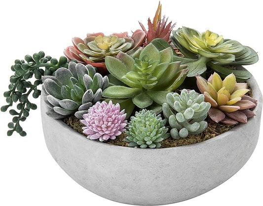 MyGift 8 Inch Round Modern Artificial Succulent Arrangement Potted in Gray Concrete Plant Bowl, Assorted Faux Mini Succulents in a Decorative Planter Pot