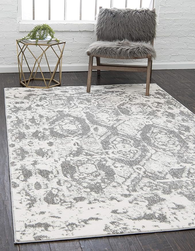Unique Loom Rosso Collection Vintage, Geometric, Bohemian, Traditional, Distressed, Southwestern Area Rug, Rectangular 8' 0" x 10' 0", Light Gray/Ivory
