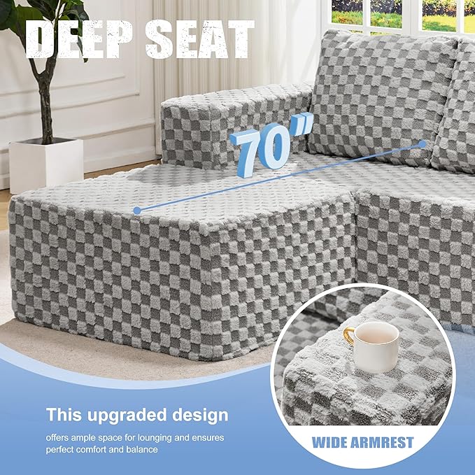 Hobestluk Modular Sectional Sofa Memory Foam Couch Oversized Sectional Sofa 3-Seater with Chaises Cloud Couch with Removable Cover U Shaped Sofa for Living Room (Plush Grey, U Shape)