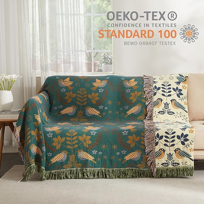 Boho Throw Blanket for Bed 80”x90”, 100% Cotton Woven Blanket for Couch Sofa, Ultra Soft 4-Layer Muslin Quilt with Bird Floral Printed, Farmhouse Bed Blanket/Cover for Living Room Decor
