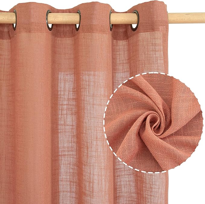 LAMIT Semi Sheer Linen Curtains 45 Inch Length, Terracotta Light Filtering Fall Decor Short Window Curtains with Bronze Grommet for Bedroom/Farmhouse, 2 Panels Set, 52 x 45 Inch