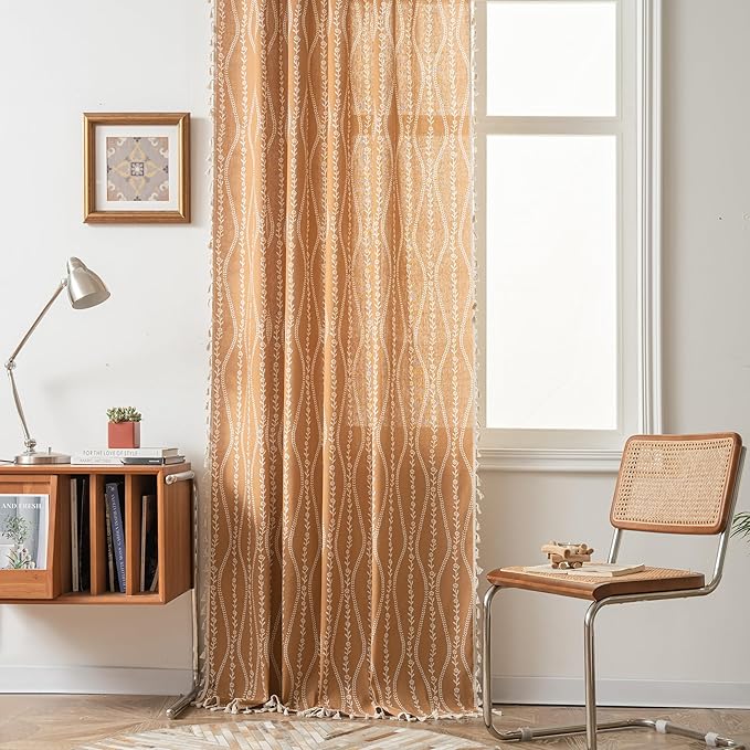 Sutuo Home Boho Curtains 84 Inches Length for Bedroom Living Room, Printed Cotton Linen Rod Pocket Rustic Farmhouse Bohemian Tassels Window Treatment, 1 Panel 59" W x 84" L, Terracotta Stripe Florals