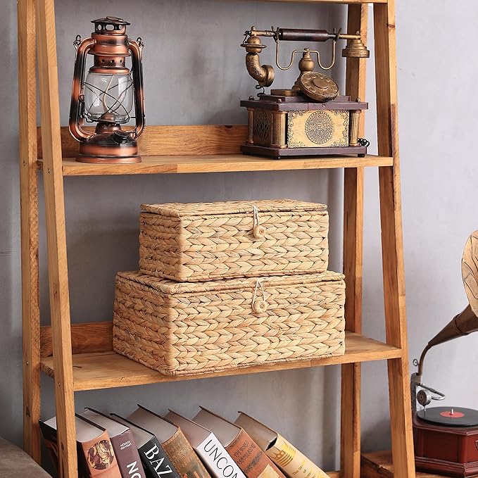 Set of 2 Rectangular Wicker Storage Bins with Lid, Rattan Basket Decorative Boxes, Multipurpose Organizer Display Boxes for Shelf Organizer, Boho Rattan Box for Home Decoration