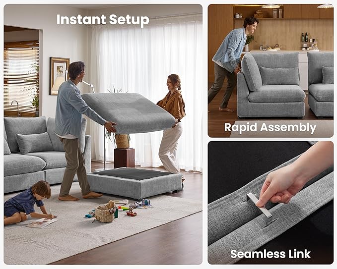 Oversized Modular Sofa, Extra Deep Cloud Chenille Sectional Couch with Ottoman Chaise, Fluffy Chenille 2 Seater Sofa Bed for Living Room, Villa (Sofa Bed 4 Seater, Chenille Grey)
