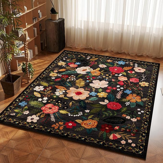 Area Rug 4x6 Rug Washable Boho Rugs Non Slip Low Pile Floral Small Carpet for Bedroom, Bedside, Kids Room, Office, Dining Room(Black)