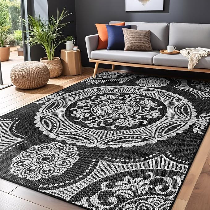 Medallion Outdoor Rug 10x14 Washable Outside Carpet for Indoor Patio Porch Waterproof Easy Cleaning Non Shedding Area Rugs Black 10 x 14