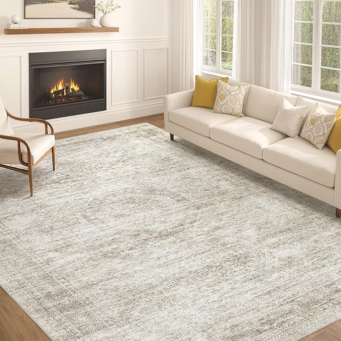Washable Area Rugs for Living Room -10x14 Neutral Vintage Distressed Floral Farmhouse Boho Large Soft Floor Rug Indoor Non Slip Carpet for Living Room Bedroom Dining Room Office-Beige