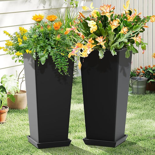 FENCY Set of 2 Tall Planters for Outdoor Plants, 24 Inch Large Tapered Pots with Drainage Trays, Weather-Resistant Plastic Plant Containers for Patio, Porch, Garden, Front Door Decor,Black
