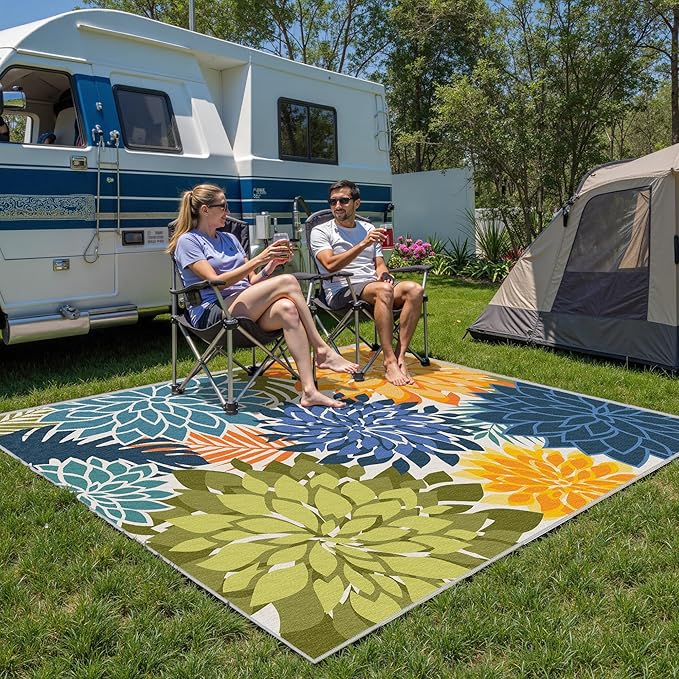 Indoor Outdoor Area Rug Washable Multicolored Patio Rug Tropical Botanical Modern Floral Indoor Outdoor Carpet Non Slip Yellow Green Rug Non Shedding for Patio, Deck, Backyard, Porch (9x12)