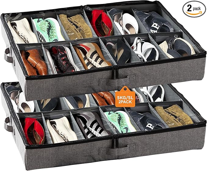 storageLAB Slim Under Bed Storage Containers, Closet Organizers with Sturdy Handles for Clothes, Comforters, and Accessories, Use Under or at the End of the Bed - 2 Pack, Dark Grey