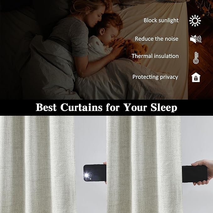 RAIN CITY Blackout Curtains 104 Inch Long 2 Panels Set, Back Tab/Rod Pocket Room Darkening Polyester Track System Curtains for Living Room Thermal Insulated Pleated Drapes, 105 Inch Length, Natural