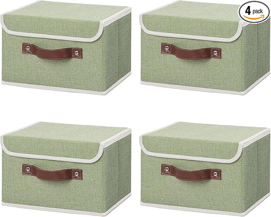 ANMINY 4PCS Storage Bins with Lid PU Leather Handles Storage Boxes PP Plastic Board Decorative Foldable Lidded Cotton Linen Fabric Home Cubes Baskets Closet Organizer Containers - Green, Small Size