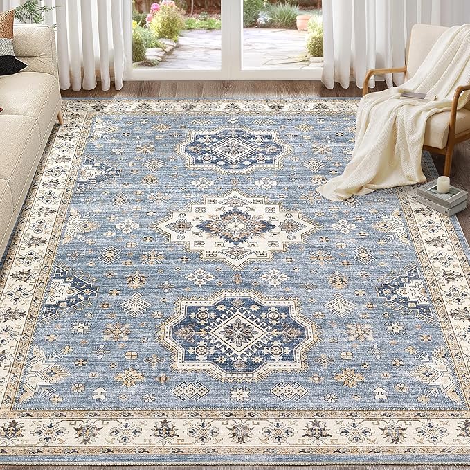 Washable Area Rugs for Living Room -8x10 Neutral Vintage Distressed Floral Farmhouse Boho Large Soft Floor Rug Indoor Non Slip Carpet for Living Room Bedroom Dining Room Office - Blue