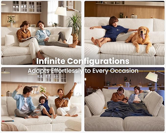 Oversized Modular Sofa, Extra Deep Cloud Corduroy Sectional Couch with Ottoman Chaise, Fluffy Chenille 4 Seater Sofa for Living Room, Villa (Basic 4 Seater, Corduroy White)