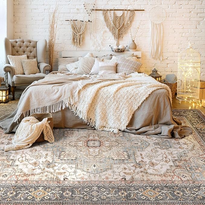 Washable Area Rugs for Living Room - 5x7 Neutral Vintage Distressed Floral Farmhouse Boho Large Soft Floor Rug Indoor Non Slip Carpet for Bedroom Dining Room Office - Forest Green Orange