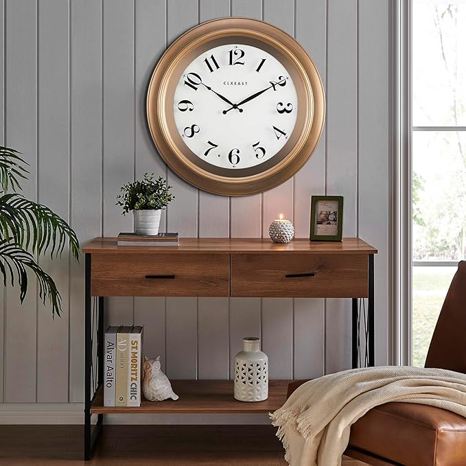 CLXEAST 18 Inch Glow in The Dark Wall Clocks for Living Room Decor, Large Illuminated Gold Wall Clock,Antique Brushed Gold,House Warming Gifts New Home