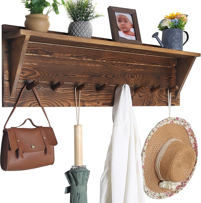 WEBI Coat Rack Wall Mount with Shelf,8 Peg Hooks,34" Long Rustic Entryway Wall Shelf with Hooks Underneath for Hanging Coats,Clothes,Bathroom,Rustic Brown