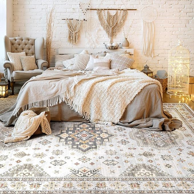 Washable Area Rugs for Living Room - 7x9 Neutral Vintage Distressed Floral Farmhouse Boho Large Soft Floor Rug Indoor Non Slip Carpet for Living Room Bedroom Dining Room Office - Blue Brown