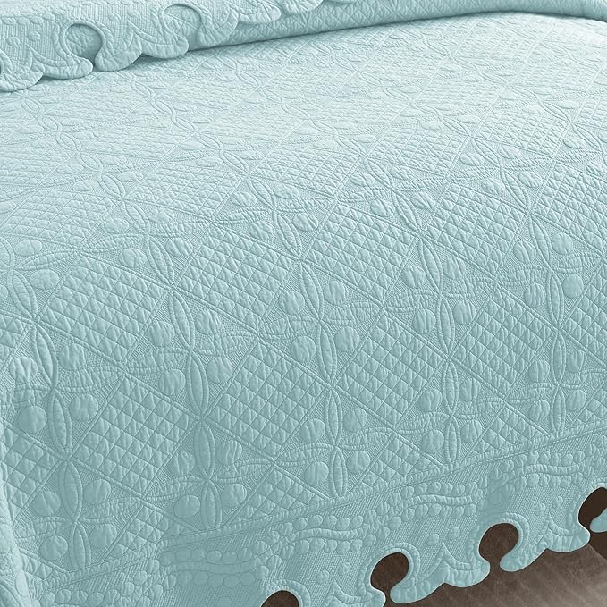 MarCielo 3-Piece 100% Cotton Oversized Bedspread Lightweight Quilt Coverlet Embroidery Farmhouse Bedding Set (TW Mint Green Blue, Oversized Queen (100"x106"))