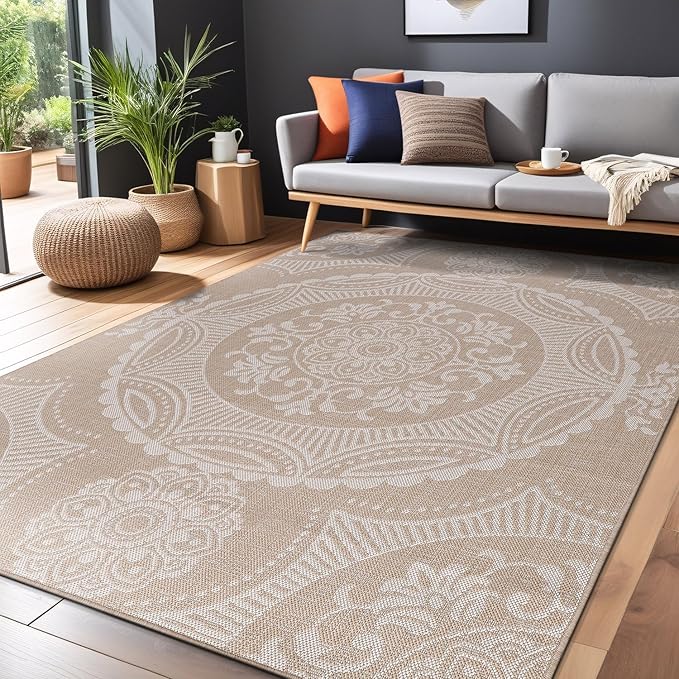 Medallion Outdoor Rug 5x7 Washable Outside Carpet for Indoor Patio Porch Waterproof Easy Cleaning Non Shedding Area Rugs Beige 5 x 7