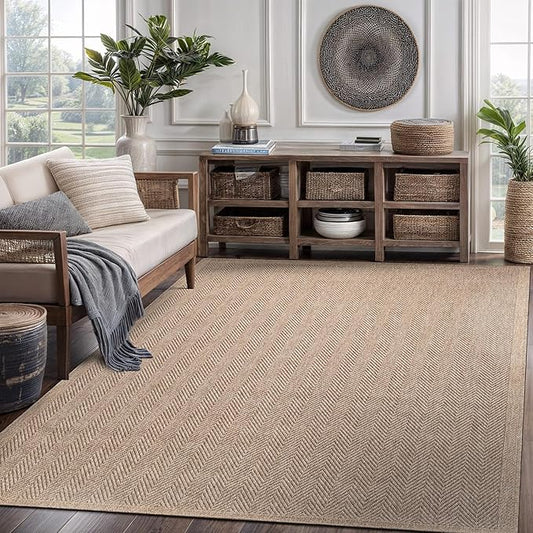 CAMILSON Easy Jute Rug 5x7, Indoor Outdoor Natural Color Fiber Area Rugs for Living Room Patio and Kitchen Rug Herringbone Seagrass Woven Design Easy-Cleaning Washable Outside Carpet Alfombras 5 x 7