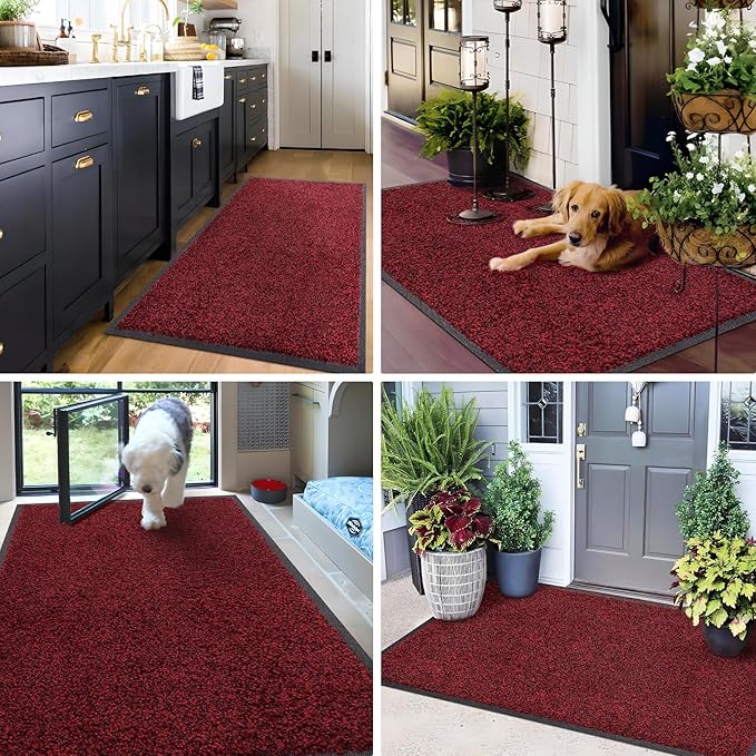 Mibao Front Door Mat, Dirt Trapper Welcome Mat for Outdoor Indoor, Non-Slip Waterproof Doormat, Durable Machine Washable Low Profile Entry Rug for Back Door Outside Patio Porch, 48" x 36", Red