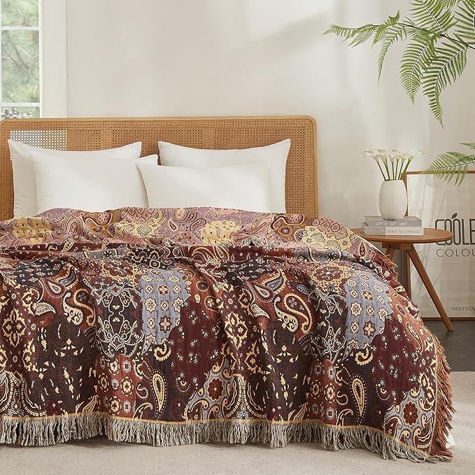 Boho Throw Blanket for Couch Sofa Bed, 100% Cotton Woven Quilt with Tassel 60”x80”, Super Soft Muslin Blanket with Patchwork Printed, Decorative Reversible Bed Blanket/Cover for All Seasons