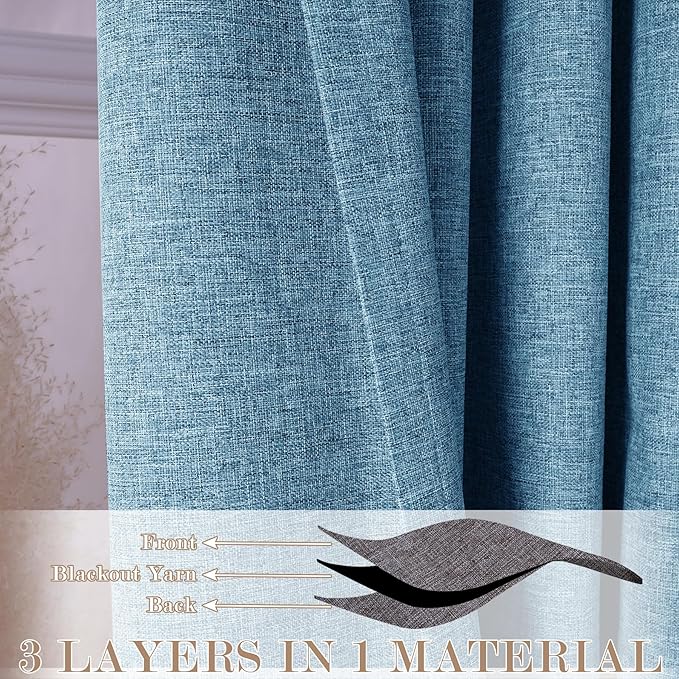 Extra Wide 100% Blackout Linen Textured Curtains - Room Dividers, W150 x L108 (1 Panel), Pinch Pleat Drapes for Living Room, Full Light Block Out Drapery for Sliding Door, Blue