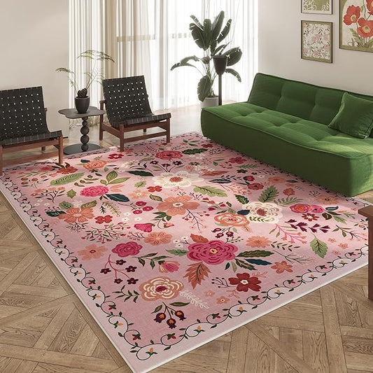 Area Rugs 8x10 Rug for Living Room Clearance Washable Boho Area Rug Non Slip Floral Vintage Low Pile Large Rug for Living Room, Bedroom, Farmhouse, Dining Room, Kids Playroom(Pink)