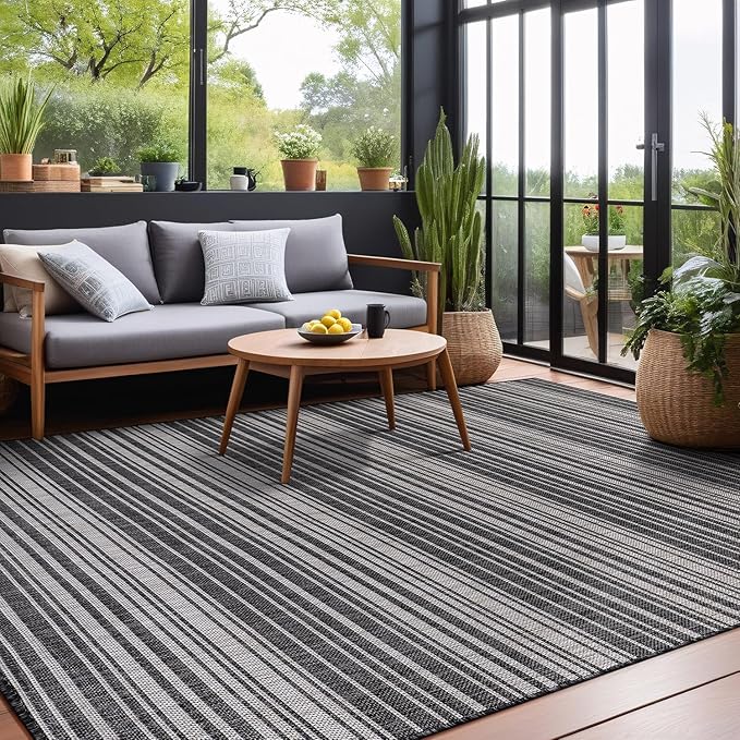 Stripe Outdoor Rug 6x9 Washable Outside Carpet for Indoor Patio Porch Waterproof Easy Cleaning Non Shedding Area Rugs Dark Gray 6 x 9