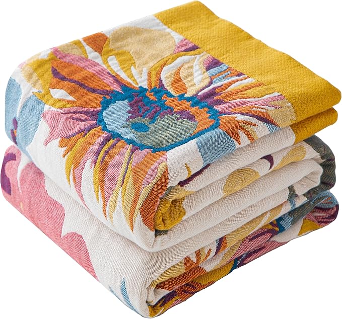 Boho Throw Blanket Throw Size, Soft Cozy Cotton Muslin Quilt Blanket for Bed Decor, Floral Patterned Couch Sofa Chair Cover, Vintage Farmhouse Cottage Tapestry Woven Blanket, Yellow&Blue