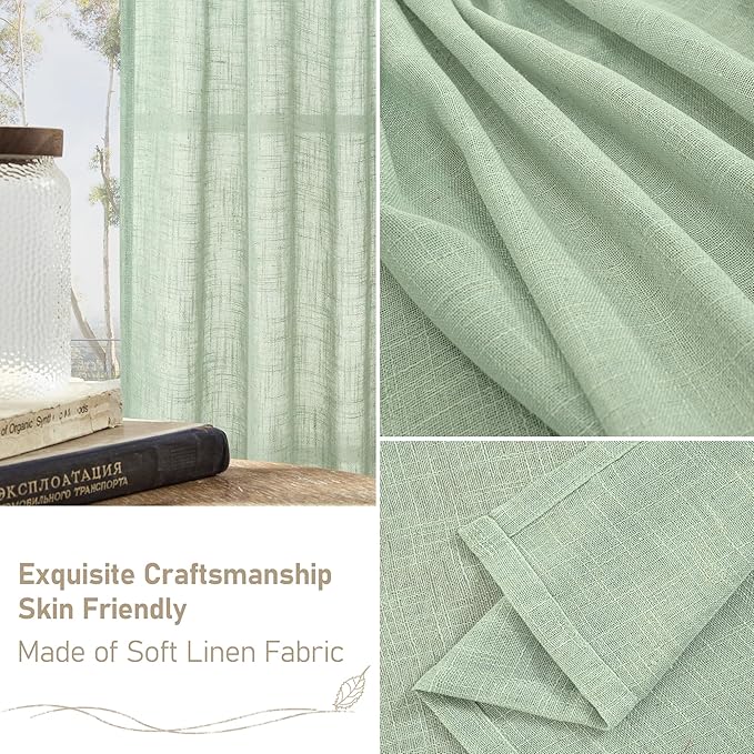 LAMIT Linen Curtains 90 Inch Length for Living Room 2 Panels, Fresh Green Bronze Grommet Light Filtering Semi Sheer Linen Window Drapes Farmhouse Boho Decor Curtains for Bedroom, 52 x 90 Inch