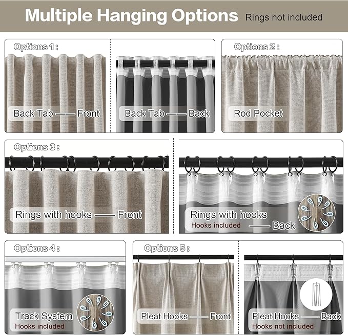 RAIN CITY Linen Beige Linen Blackout Curtains 96 Inches Long 8 FT Tall 2 Panels, Modern Decorative Sound/Draft/Cold/Warm Blocking Heavy Thermal Rustic Country Curtains for Living Room 50x96-in