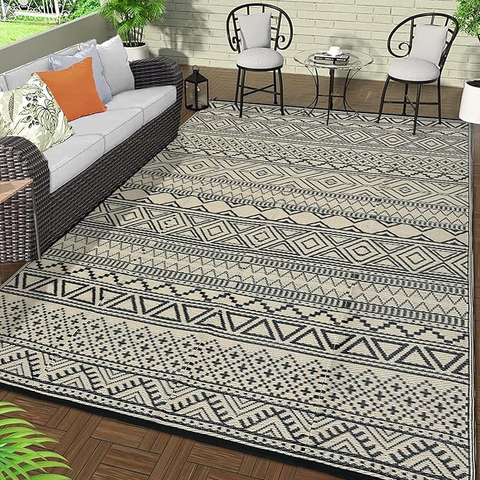 GAOMON Outdoor Rugs Patio Camping Waterproof Rug 6'x9' Plastic Straw Patio Rug Portable for Campers, Outside RVs Mat for Patios Clearance, Backyard Porch, Balcony, Black/Coffee(Bohemia)