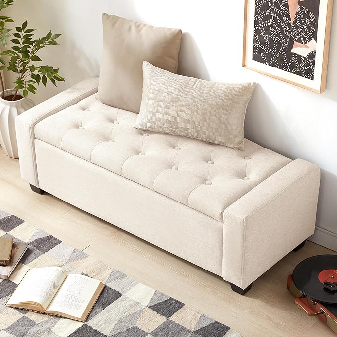 48" Ottoman with Storage, Storage Ottoman Bench with Safety Hinge, Upholstered Entryway Bench with Seating for Bedroom, Living Room, Holds up to 330 lb, Beige