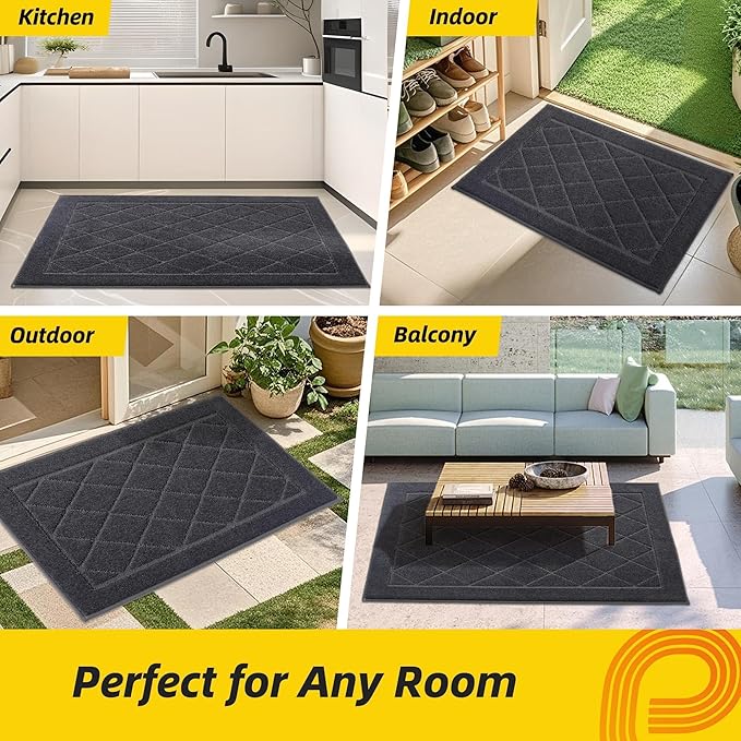 JSEI Dirt Trapper Door Mat 24"x36", Non-Slip Washable Entryway Mats, Dog Door Mat, Stain Resistant and Absorbent Floor Mats, Low Profile Welcome Mat for Front Back Door, Dark Grey