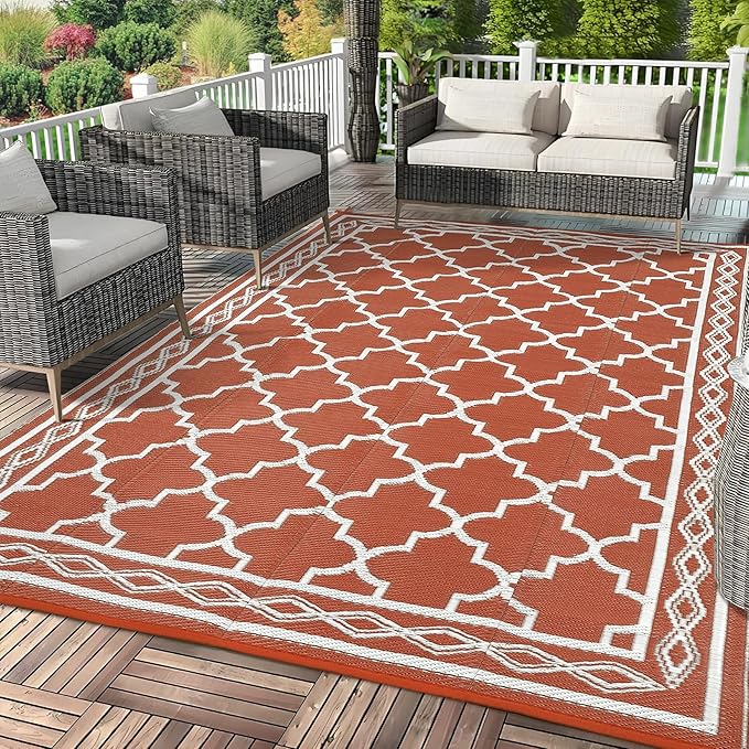 GAOMON Outdoor Rug 9'x12' Waterproof Rug for Patio Decor, Foldable Reversible Plastic Straw Area Rugs Mat for Camper, Outside Carpet for Deck, Porch, Picnic, Beach, Orange/White(Bohemia)