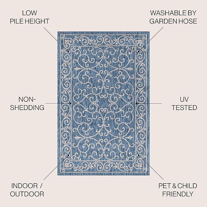 JONATHAN Y Vintage Filigree Indoor Outdoor Round Area Rug 4 Ft Navy/Gray, Charleston Textured Weave for Backyard, Patio, Porch, Easy-Cleaning, High Traffic, Pet-Friendly, Non-Shedding (SMB106D-4R)