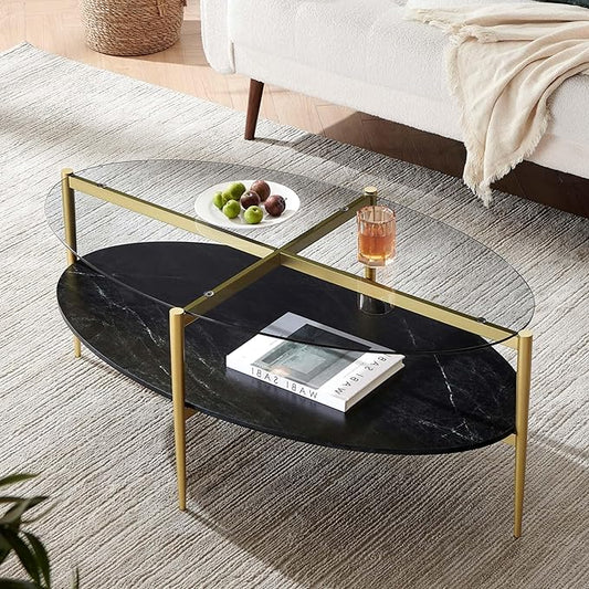 Oval Glass Coffee Table, Mid-Century Modern Design, L43 x W22 x H17 inch, Surfboard Shaped Grey Glass Top and Black Marble Finish Wood Shelf, Tapered Legs with Gold Finish Frame