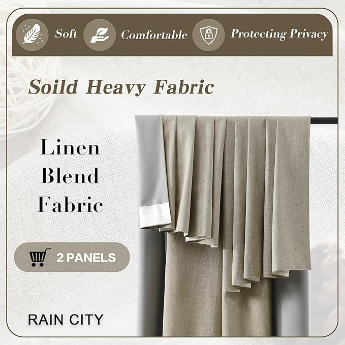 RAIN CITY Light Taupe Blackout Textured 90 Inch Long Linen Blend Curtain Draperies Back Tab with Hooks - Energy Saving Thermal Insulated Curtains for Living Room (2 Panels,W 50 x L 90 Inch)