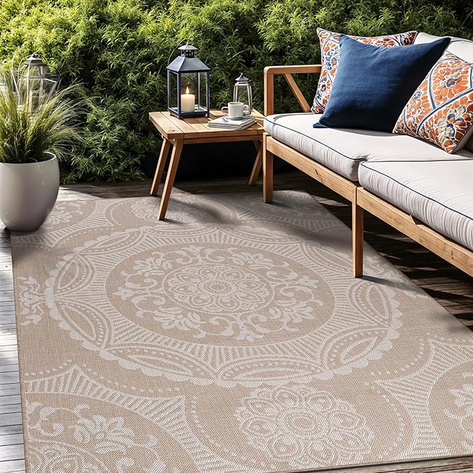 Medallion Outdoor Rug 8x10 Washable Outside Carpet for Indoor Patio Porch Waterproof Easy Cleaning Non Shedding Area Rugs Beige 8 x 10