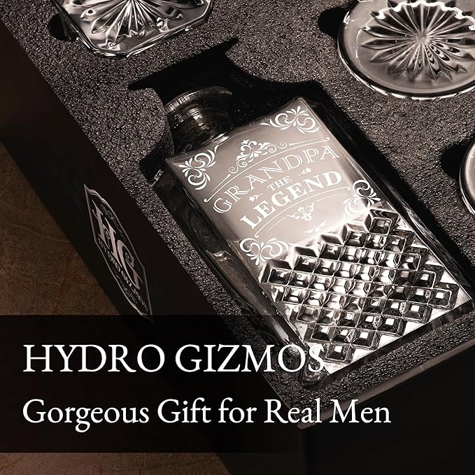 Luxury Gift For Men - Grandpa The Legend - Unique Engraved Whiskey Decanter Set For Beloved Grand Father or Dad Christmas, Birthday Gift – 4 Whiskey Glasses And Decanter Set for Whisky, Bourbon Ets.