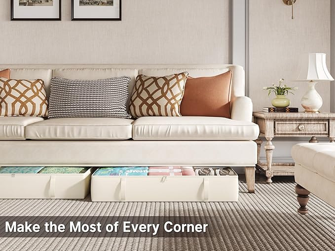 2-Pack Under Bed Storage Containers, 8 Inches Tall Underbed Clothes Storage Organizer Bin with Sturdy Sidewalls/Bottom, Under the Bed Storage Bags 2 Storage Bins, Beige