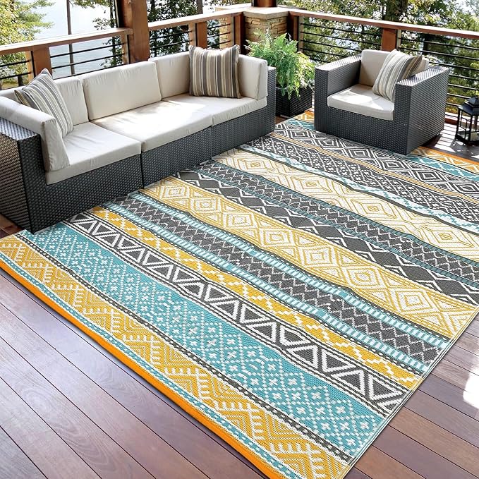 GAOMON Outdoor Rug 9'x12' Waterproof Rug for Patio Decor, Foldable Reversible Plastic Straw Area Rugs Mat for Camper, Outside Carpet for Deck, Porch, Picnic, Beach, Teal/Yellow(Bohemia)