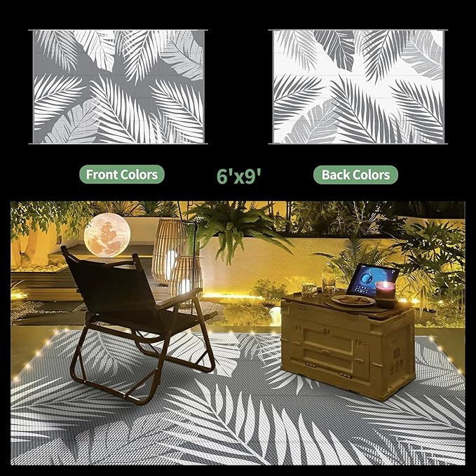 GENIMO Outdoor Rug 6' x 9' Waterproof for Patios Clearance, Reversible Outdoor Plastic Straw Camping Rug Carpet with LED String Light, Area Rugs Mats for RV, Camper, Deck, Balcony, Porch, Grey&White